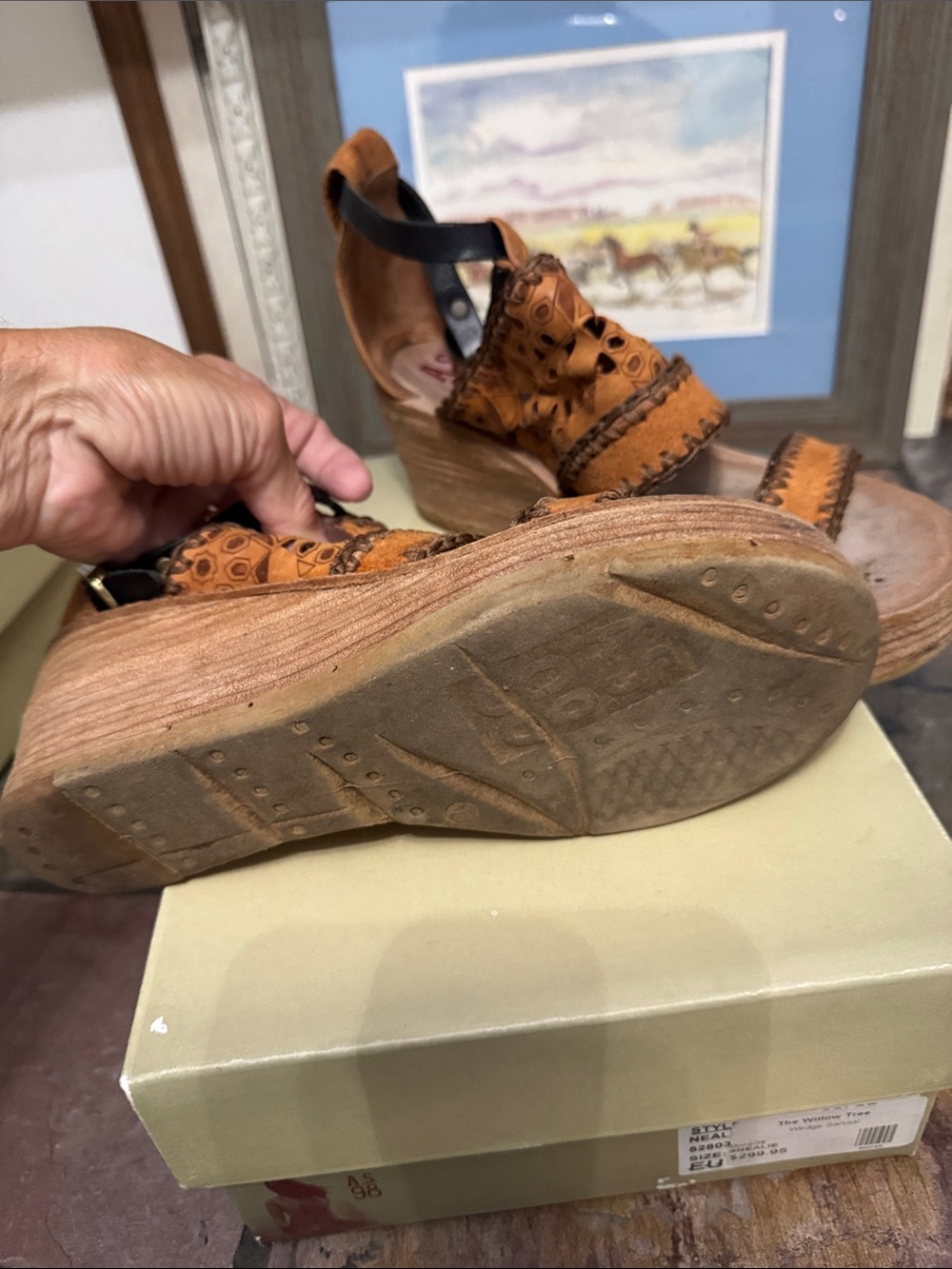 A.S.98 Men's Cognac Leather Wedge Sandals with Black Ankle Strap - Picture 4 of 6
